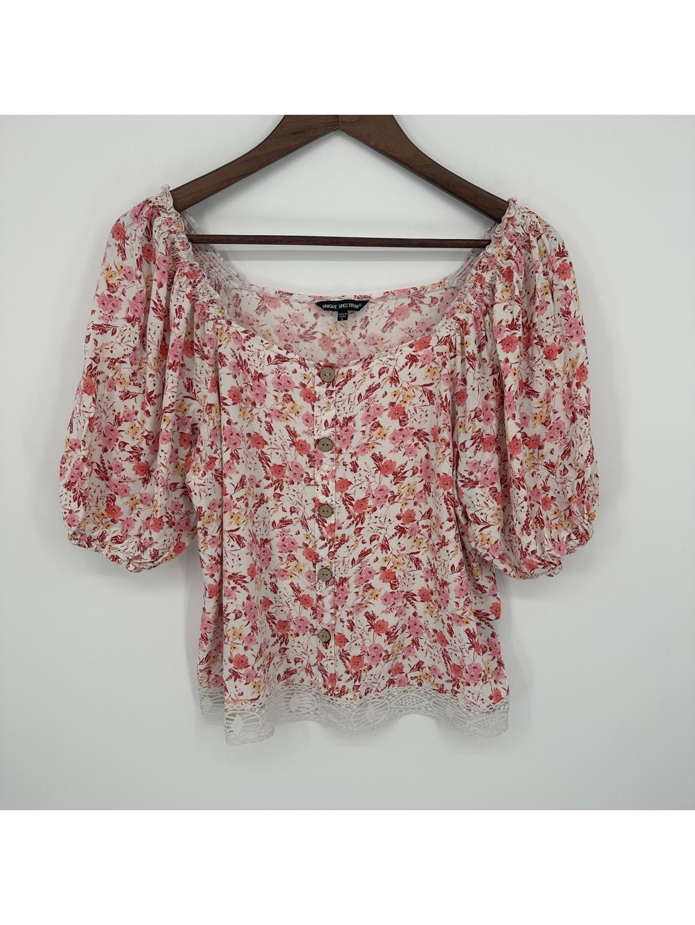 Pink Floral Puff Sleeve Lace Trim Cottagecore Blouse